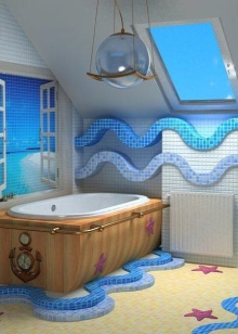 Salle de bains bleue dans un style nautique.